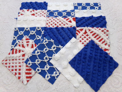 America Vintage Chenille Fabric Squares, 16 Red, White & Blue 6" Quilt Blocks