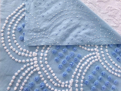 mermaid tails vintage chenille fabric, 25" x 24" inch piece in beautiful blue & white scallop pops design