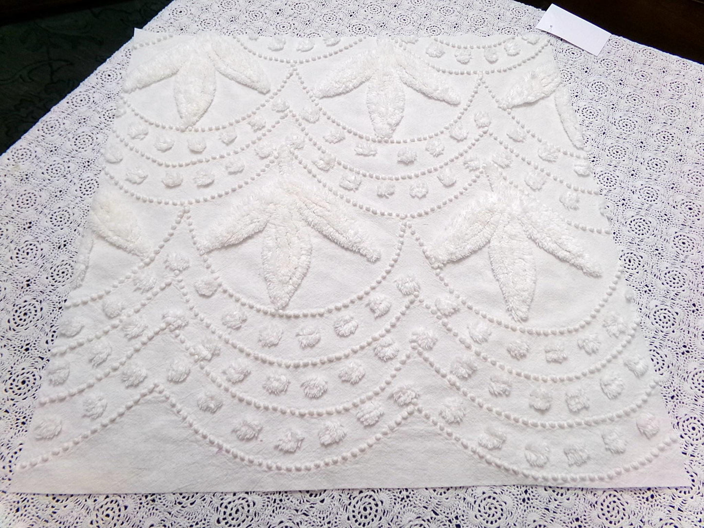 Dainty Vintage Chenille Fabric, Creamy Botanical Leaf Pearl Dots, 20x20" Piece