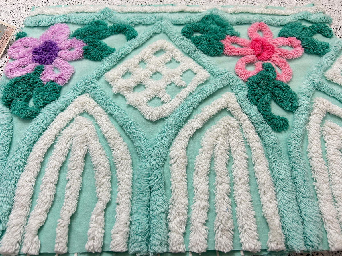 Seafoam Green Vintage Chenille Fabric, Plush Tropical Flowers 13x34" Piece