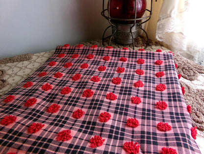 Black Tartan Plaid Vintage Chenille Bedspread Fabric, Texturized Red Dots, 19" x 26" inch Piece, Lightweight Sewing Material