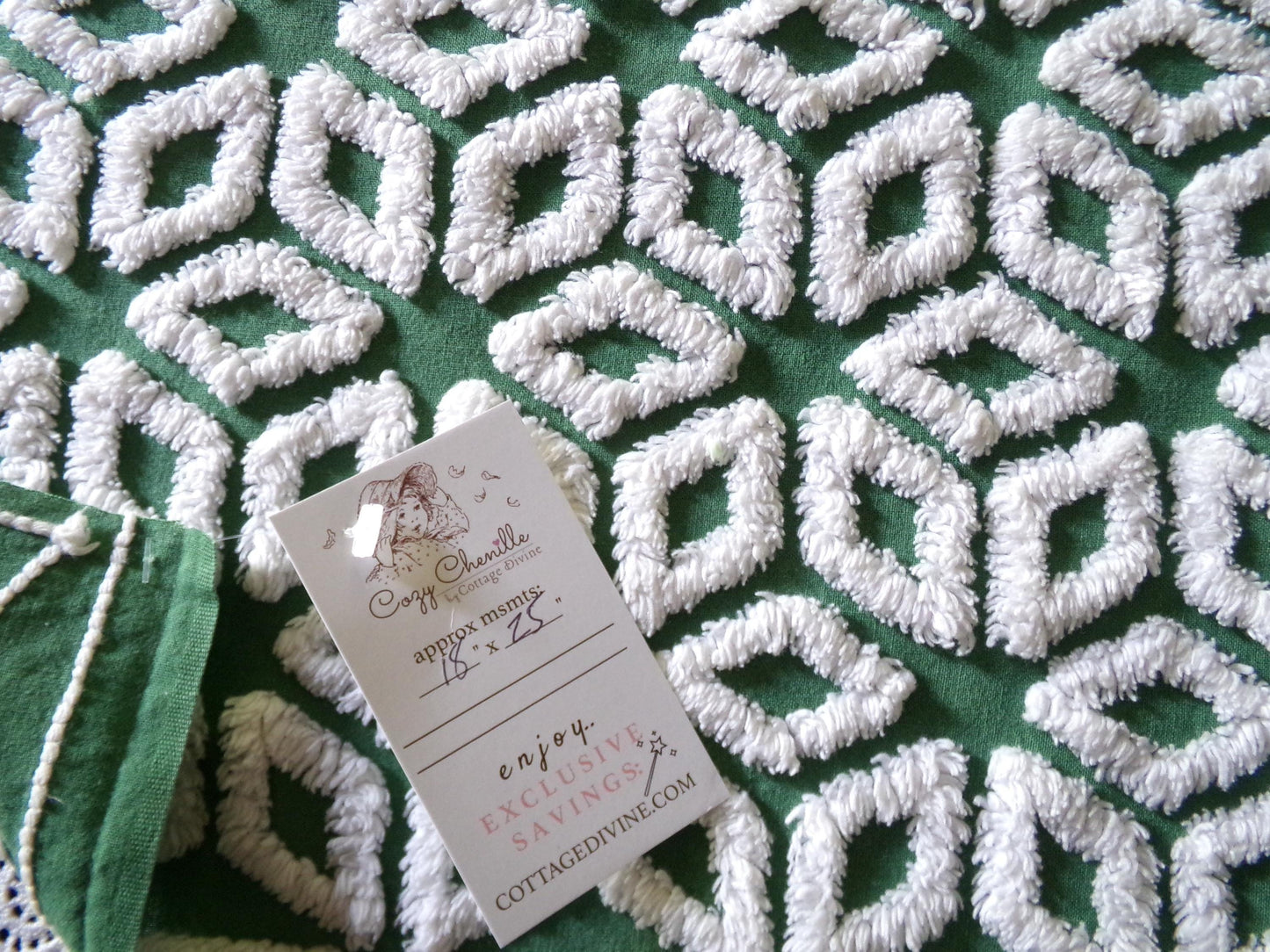 white snowflakes on rich green vintage chenille fabric, 18" x 25" inch piece of cotton sewing material for quilting & crafts