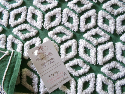 white snowflakes on rich green vintage chenille fabric, 18" x 25" inch piece of cotton sewing material for quilting & crafts