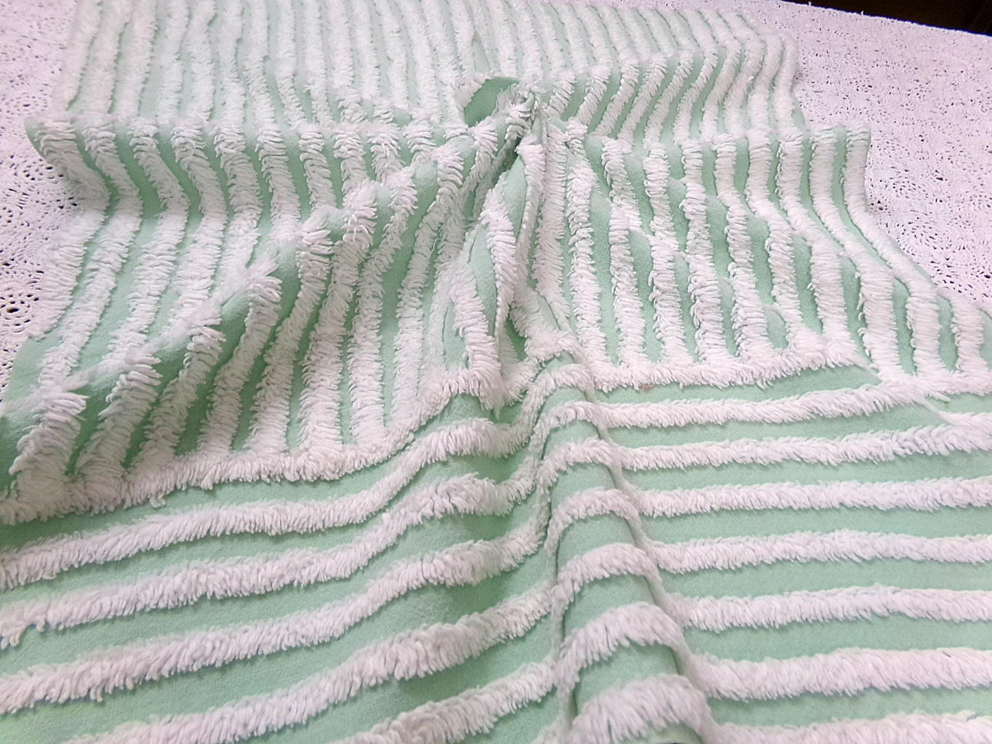 Vintage Chenille Bedspread Fabric, White Multidirectional Stripe Mint Green 18x24"