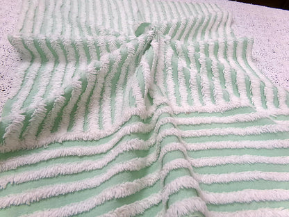 Vintage Chenille Bedspread Fabric, White Multidirectional Stripe Mint Green 18x24"