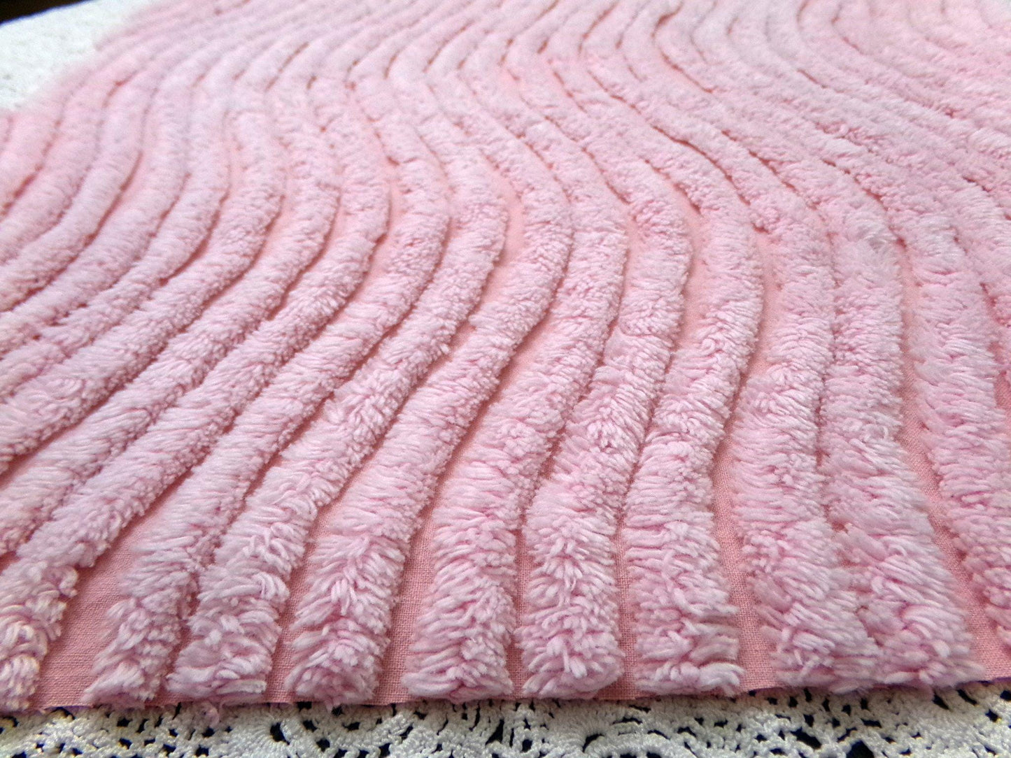 cotton candy pink vintage chenille bedspread fabric ultra plush ripple tufts 19" x 22"