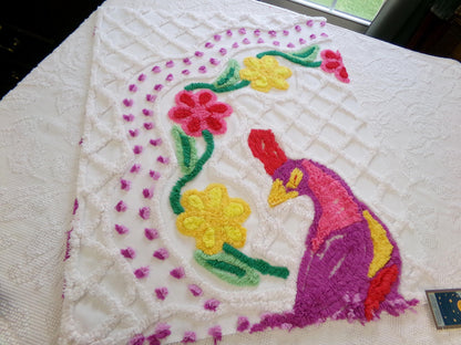 colorful peacock vintage chenille fabric piece, 19" x 25" panel, great for wallhanging or quilt inlay