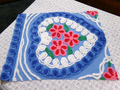 American Spirit Vintage Chenille Fabric Blue Floral Heart Scroll 19x24"