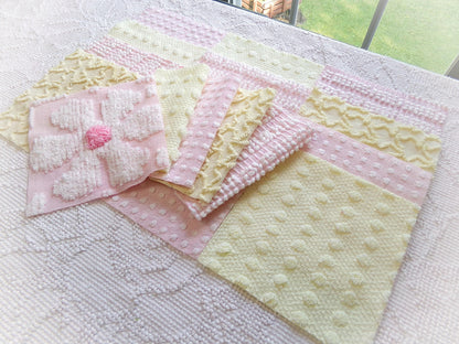 celebrate spring vintage chenille fabric squares, set of 17 pink & yellow 6" blocks for crafts, sewing