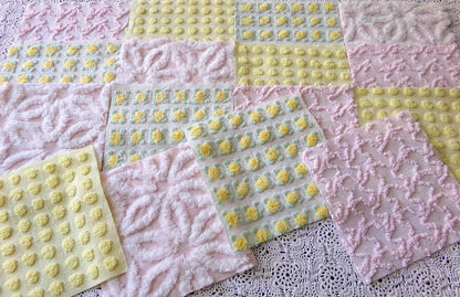 Spring Dance Chenille Quilt Squares, Cheerful Craft Square Set from Vintage Bedspread Fabric, 16 Blocks, 6" x 6" inch, Pink & Yellow