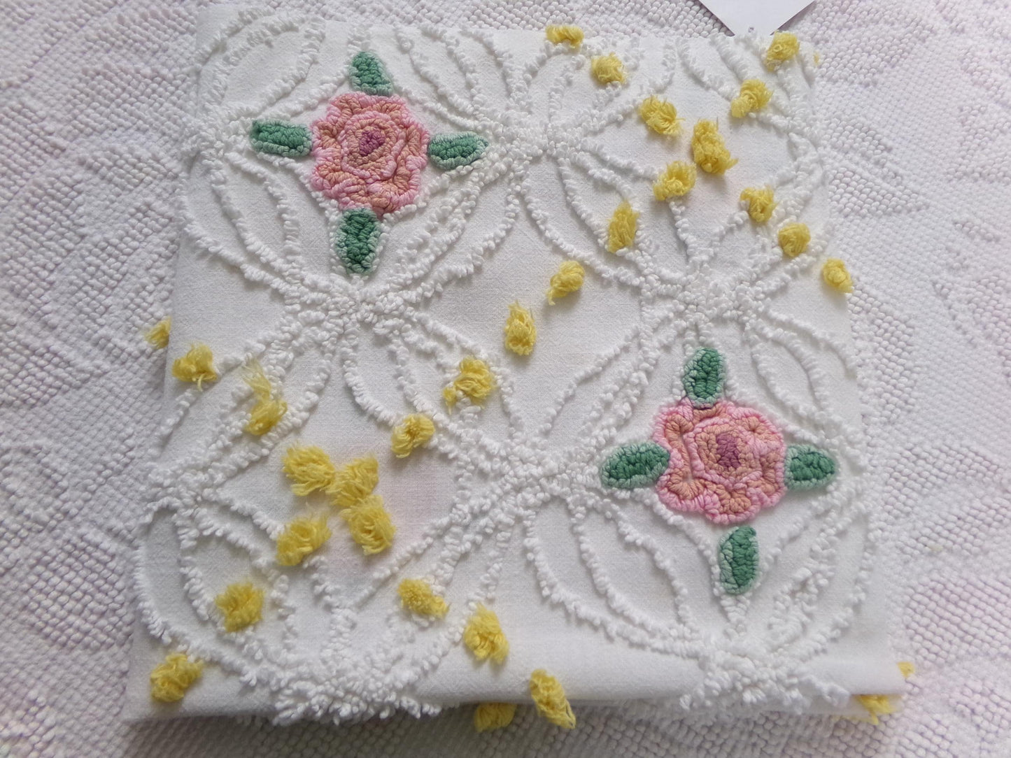 Pink Rose Vintage Chenille Bedspread Fabric, cottage chic sewing craft quilt material, 20" x 20" piece