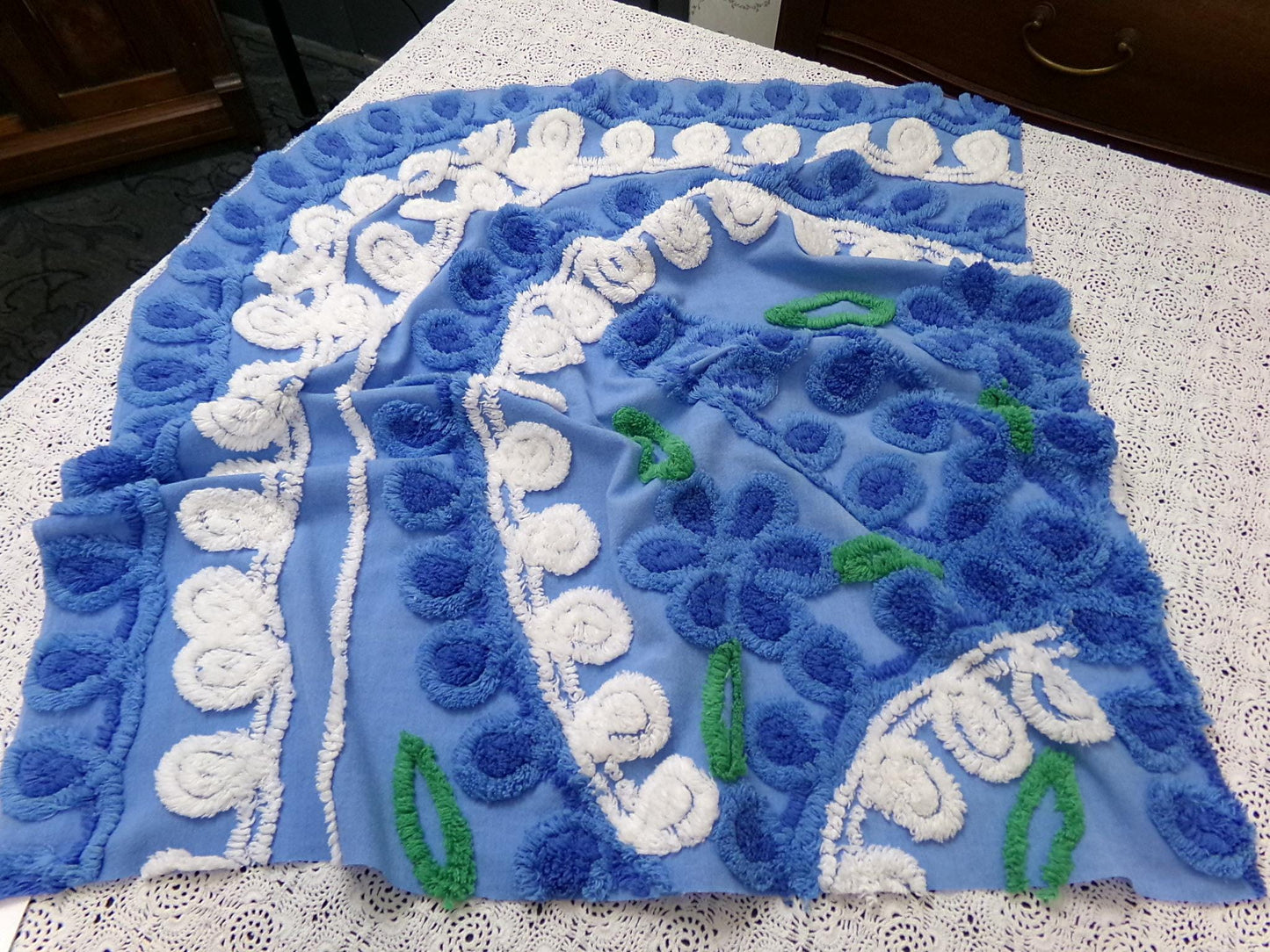 Vintage Midnight Blue Chenille Bedspread Fabric Abstract Celestial Florals 24x25"