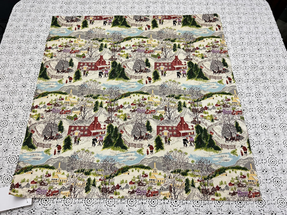 Grandma Moses DEEP SNOW Vintage Barkcloth Fabric, Folk Art Winter Scene 20x21"