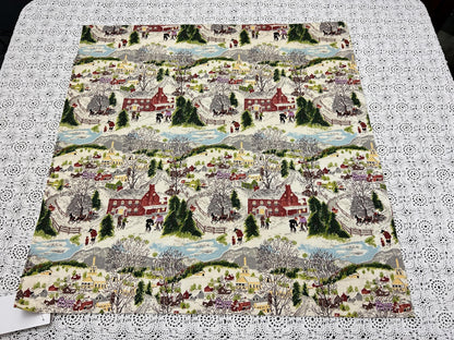 Grandma Moses DEEP SNOW Vintage Barkcloth Fabric, Folk Art Winter Scene 20x21"
