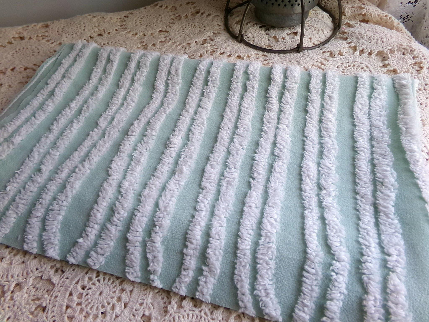 mint green & white striped chenille fabric, tufted stripes on vintage cotton, 16" x 27" inch cut piece, for sewing, craft projects