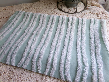 mint green & white striped chenille fabric, tufted stripes on vintage cotton, 16" x 27" inch cut piece, for sewing, craft projects