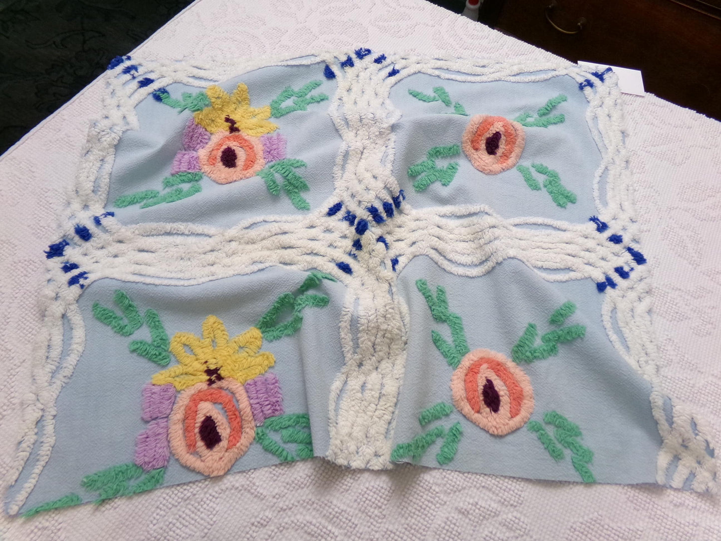 Vintage Blue Floral Chenille Bedspread Fabric, coastal chic sewing material, 21" x 25"