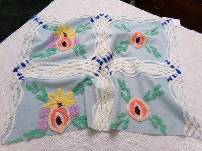 Vintage Blue Floral Chenille Bedspread Fabric, coastal chic sewing material, 21" x 25"