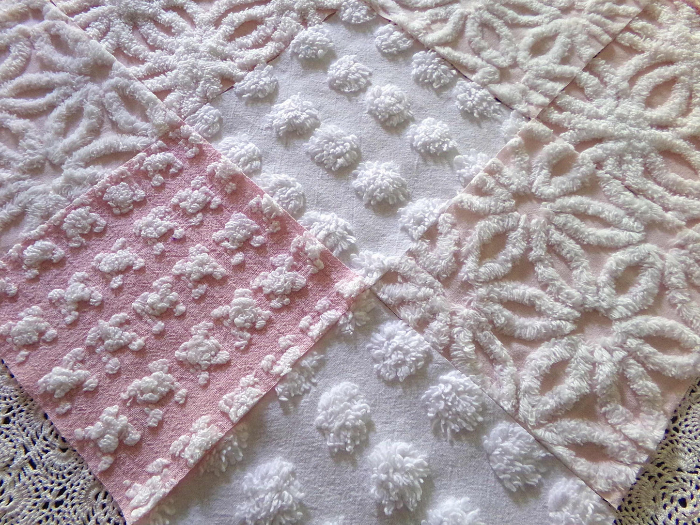 Pink Wink Quilt Squares Set from Vintage Chenille Bedspread Fabric, 16 Blocks, 6" x 6" inch