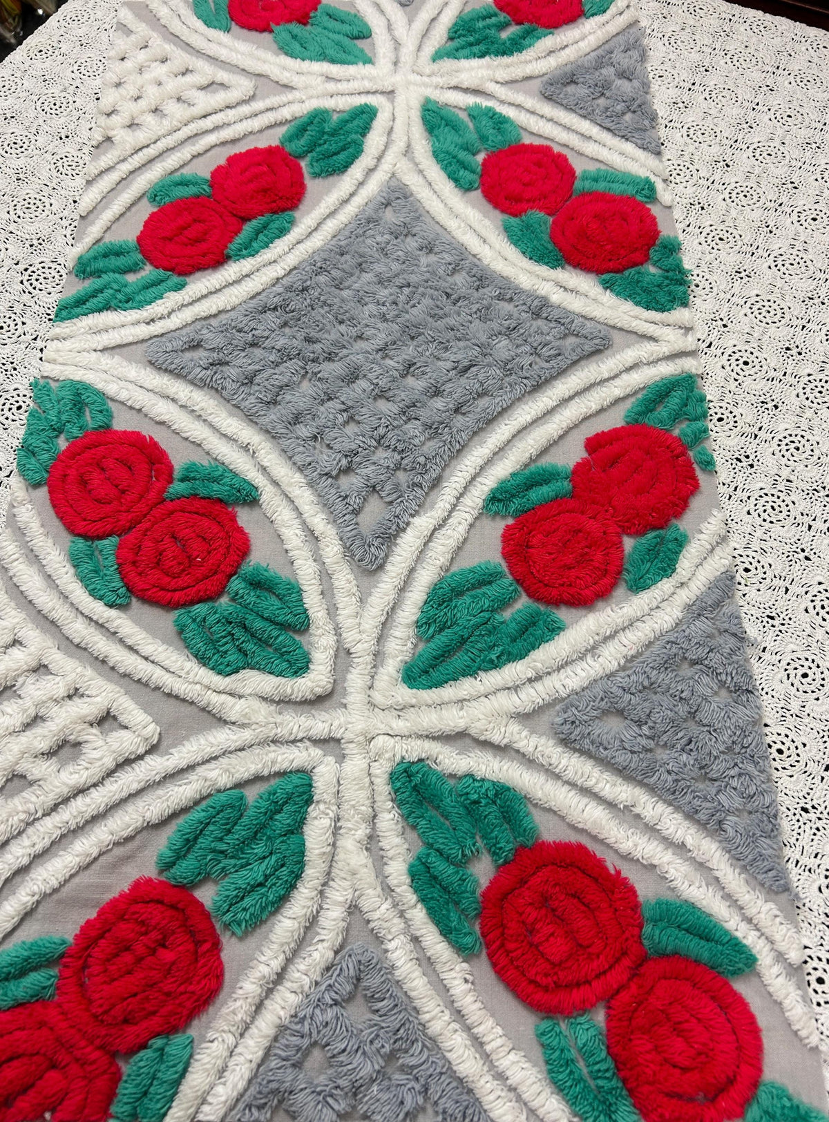 Red Rose Vintage Chenille Fabric, Dove Grey & White 15x28" Craft Piece