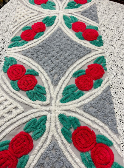 Red Rose Vintage Chenille Fabric, Dove Grey & White 15x28" Craft Piece