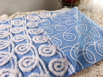 White & Blue Chenille Fabric, Soft Curlicue Swirls, 18" x 26" inch Piece, Vintage Cotton Material for Quilting, Crafts