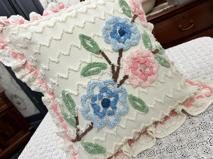 Floral Ruffled Vintage Chenille Pillow Cover 18" Square Seersucker