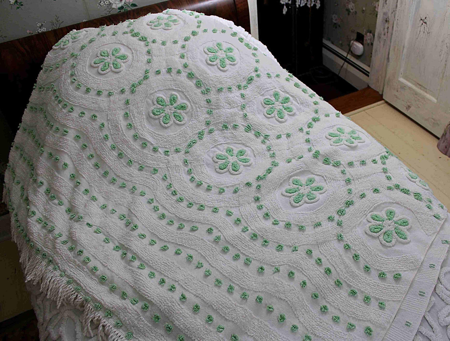 Twin Vintage Chenille Bedspread, Lucky Shamrock Green Flower Circles on White Coverlet
