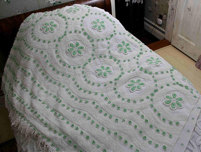 Twin Vintage Chenille Bedspread, Lucky Shamrock Green Flower Circles on White Coverlet