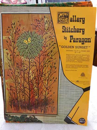 GOLDEN SUNSET Vintage Crewel Kit, *NO Thread* Paragon Embroidery #0611, Huge Boho 70s Wall Hanging, Phyllis Hall