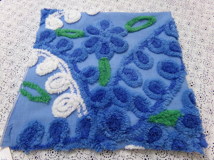 Vintage Midnight Blue Chenille Bedspread Fabric Abstract Celestial Florals 24x25"