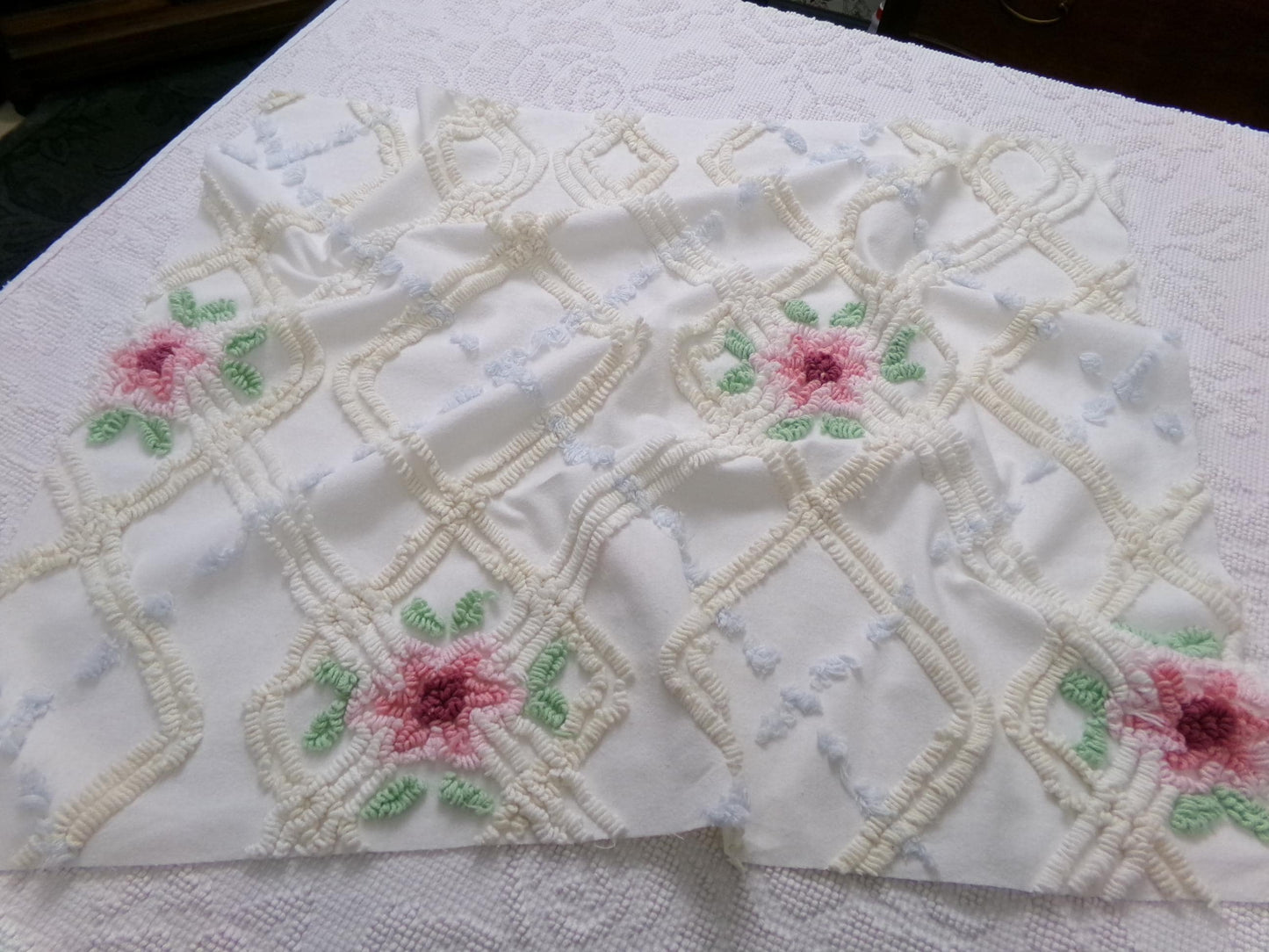 romantic cottage vintage chenille fabric, shabby floral sewing material, 20" x 26" piece