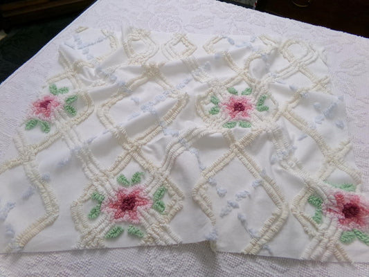 romantic cottage vintage chenille fabric, shabby floral sewing material, 20" x 26" piece