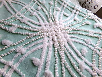 starry spiderweb jade green vintage chenille fabric, unique webbed design, 20" x 26" inch piece for quilting material & sewing