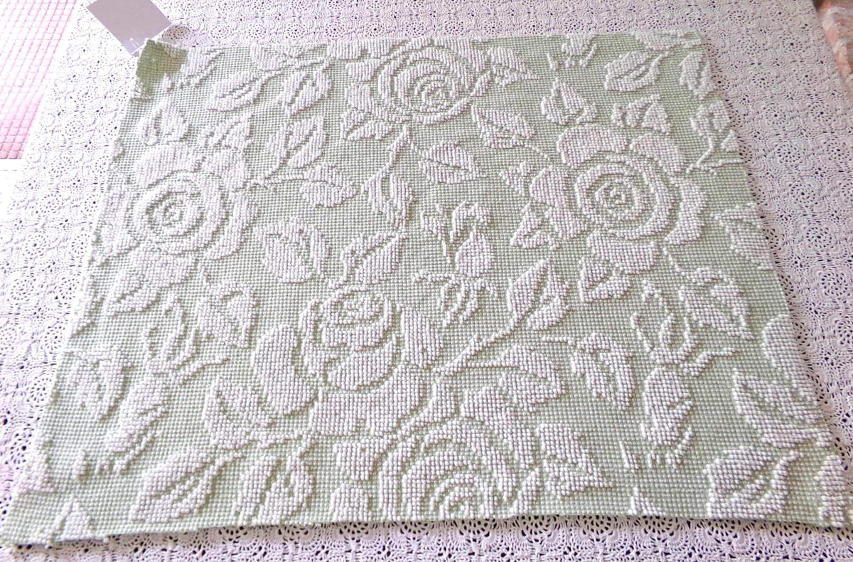 Vintage Sage Green Chenille Fabric, White Cabbage Rose 25x30" Pc
