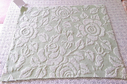 Vintage Sage Green Chenille Fabric, White Cabbage Rose 25x30" Pc