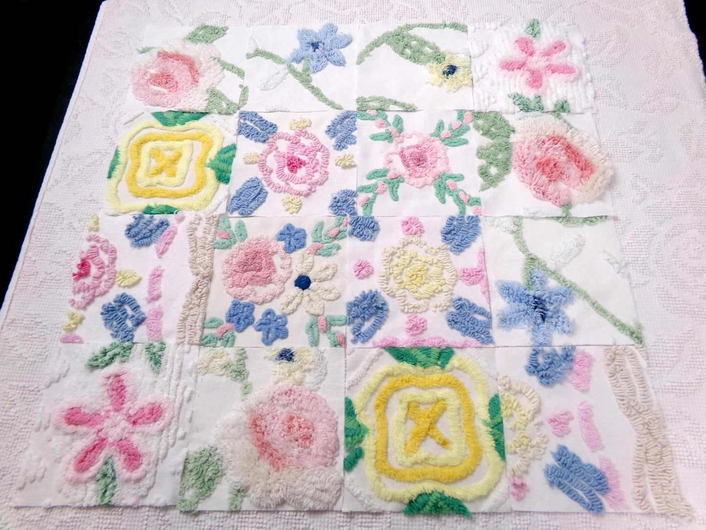 Vintage Chenille Fabric Squares Set of 16 Summer Wildflowers Floral Coordinating Quilt Blocks 6x6"