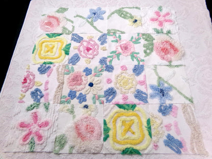 Vintage Chenille Fabric Squares Set of 16 Summer Wildflowers Floral Coordinating Quilt Blocks 6x6"