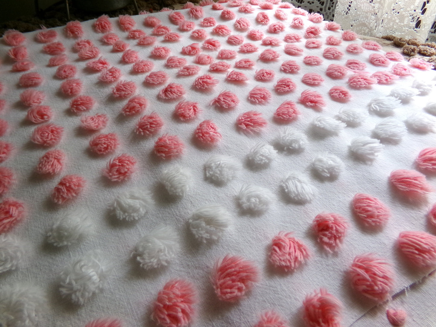Darling White Lily Vintage Fabric, Handtufted Antique Chenille Pink & White Pops, 20" x 28" Inch Piece
