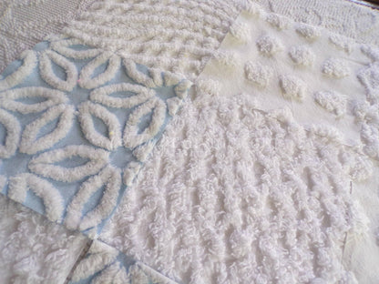 16 vintage chenille fabric squares: breezy blue & white 6" quilt blocks