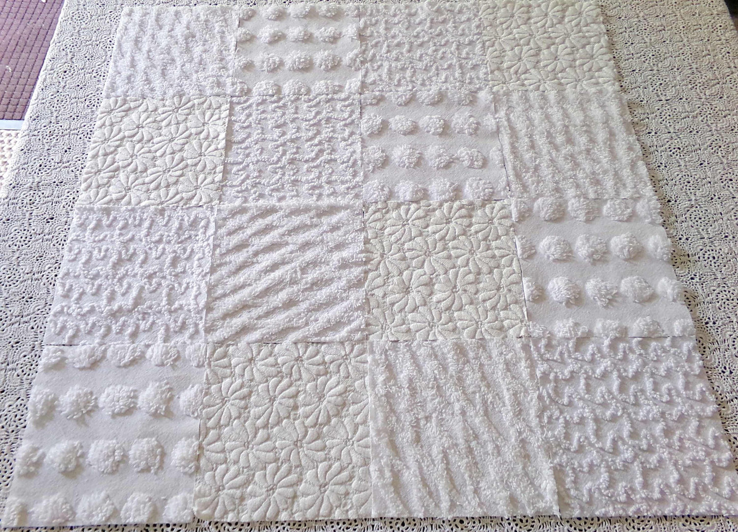 Daisies in Snow Chenille Fabric Squares, Set of 16 Quilt Blocks, 6" each in Shades of White, Great Neutral Textures