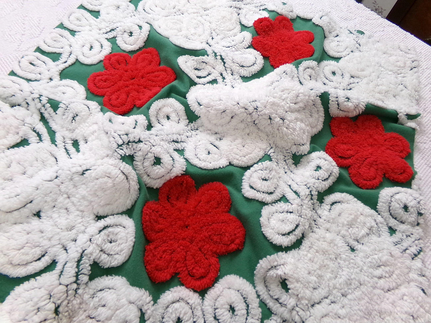 Evergreen Rose Vintage Chenille Fabric, white swirl sewing craft quilt material, 20" x 24" piece
