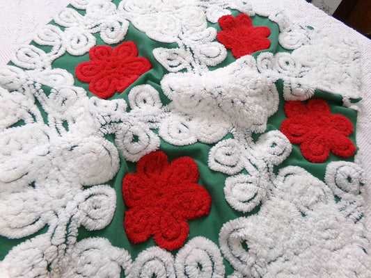 Evergreen Rose Vintage Chenille Fabric, white swirl sewing craft quilt material, 20" x 24" piece