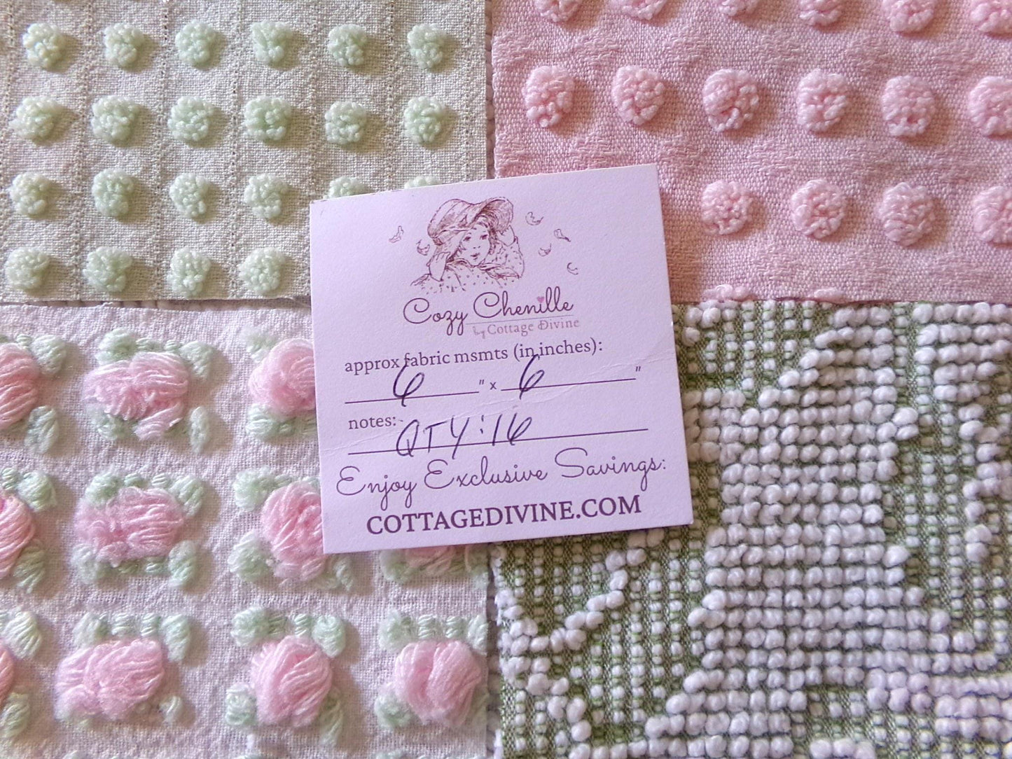 blossom & botanical vintage chenille fabric squares, rotary cut set of 16 quilt blocks 6" each in pink, green