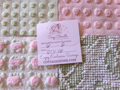 blossom & botanical vintage chenille fabric squares, rotary cut set of 16 quilt blocks 6" each in pink, green