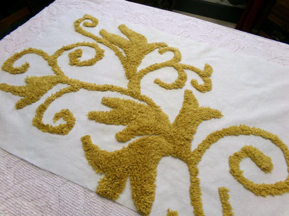 Vintage Gold & White Chenille Fabric: Sophisticated Scroll Design Modern Style Textile Craft Quilting Material, 17" x 27" Piece
