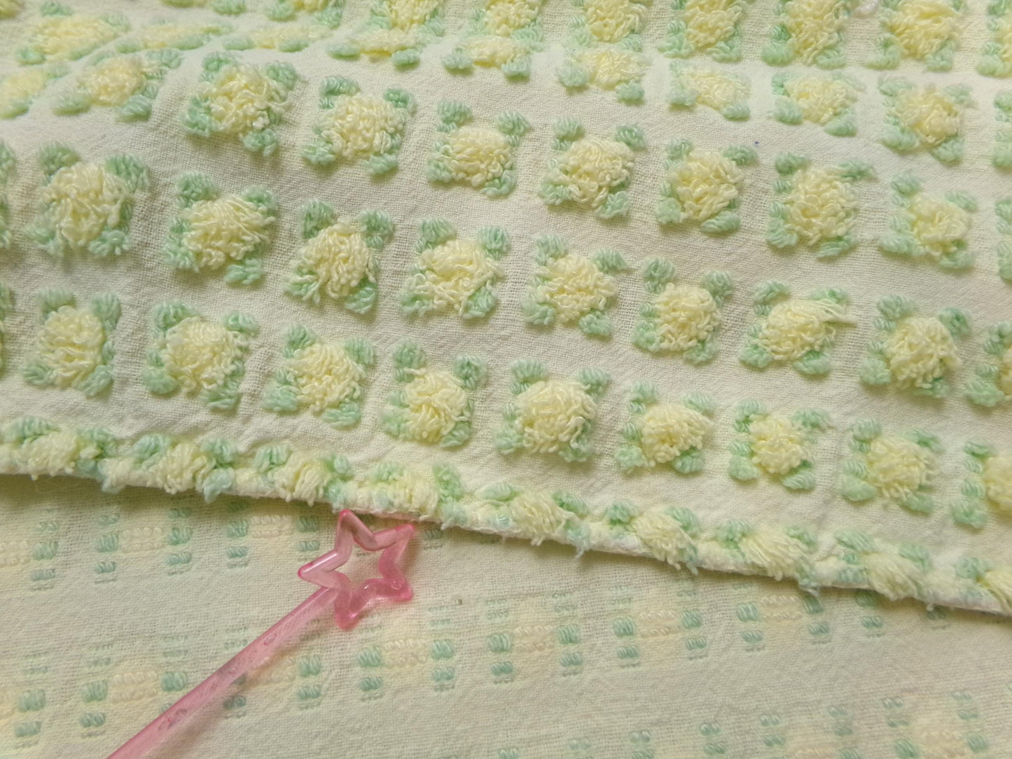 plump yellow rosebud vintage chenille fabric, cottage chic sewing & quilt material, 18" x 25"