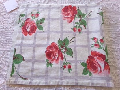 Red Roses Lattice Vintage Fabric Piece, Midcentury Style 14" x 31" inches for sewing material, upcycling