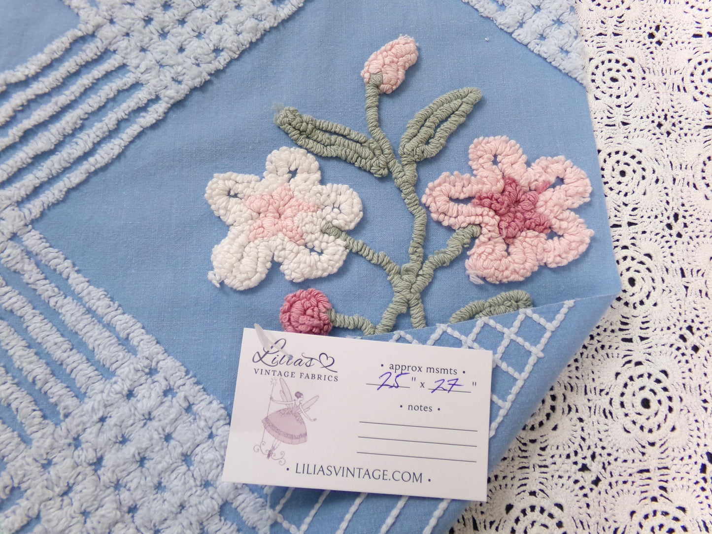 Coastal Floral Vintage Chenille Bedspread Fabric Blue & White 25 x 27" Piece