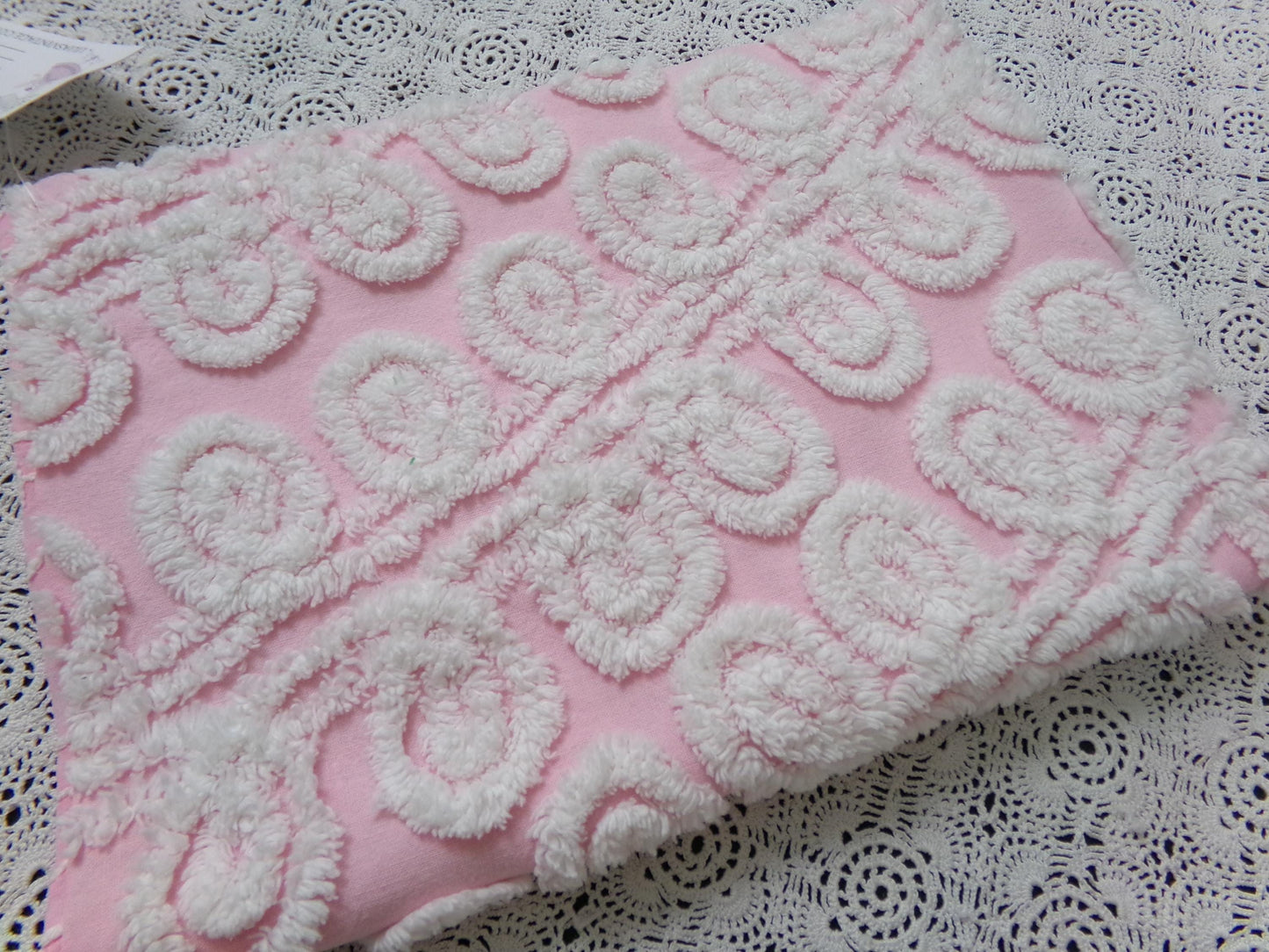 Cute Curlicues Vintage Chenille Fabric, Pink & White 16" x 23" piece